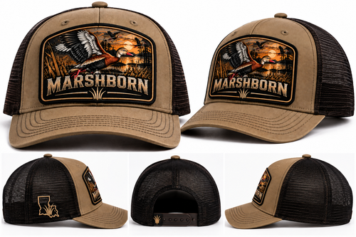 MARSHBORN Blackbelly Flight Patch Hat product mockup, Louisiana logo on one side only
