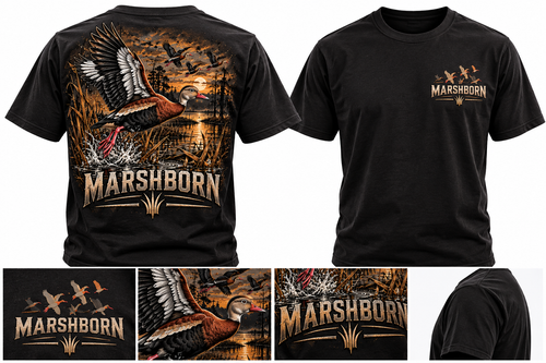 Blackbelly Flight Tee front and back product mockup, with design details